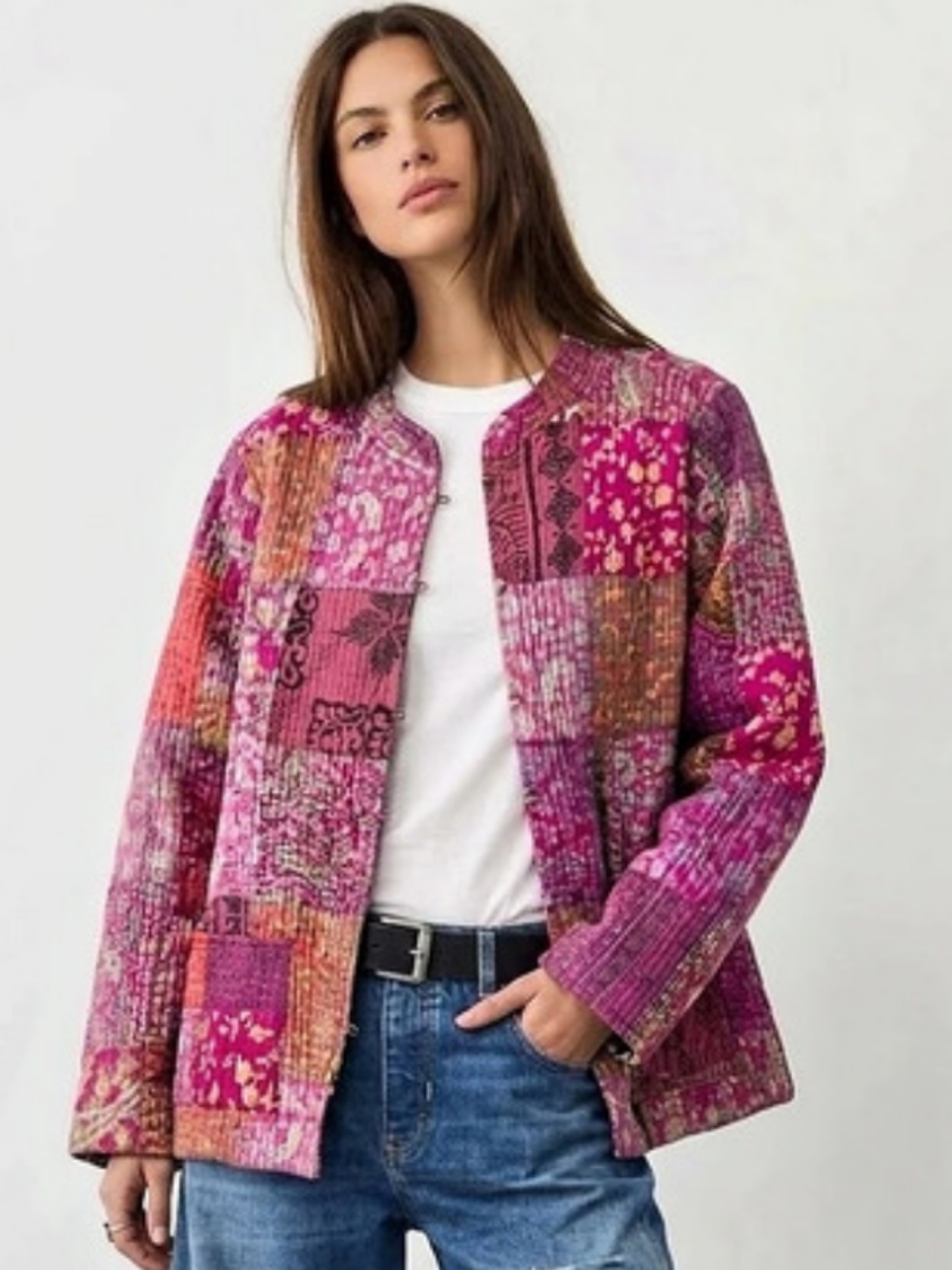 Patchwork Quilted Jacket Kantha Style Embroidered Pink Bohemian Reversible